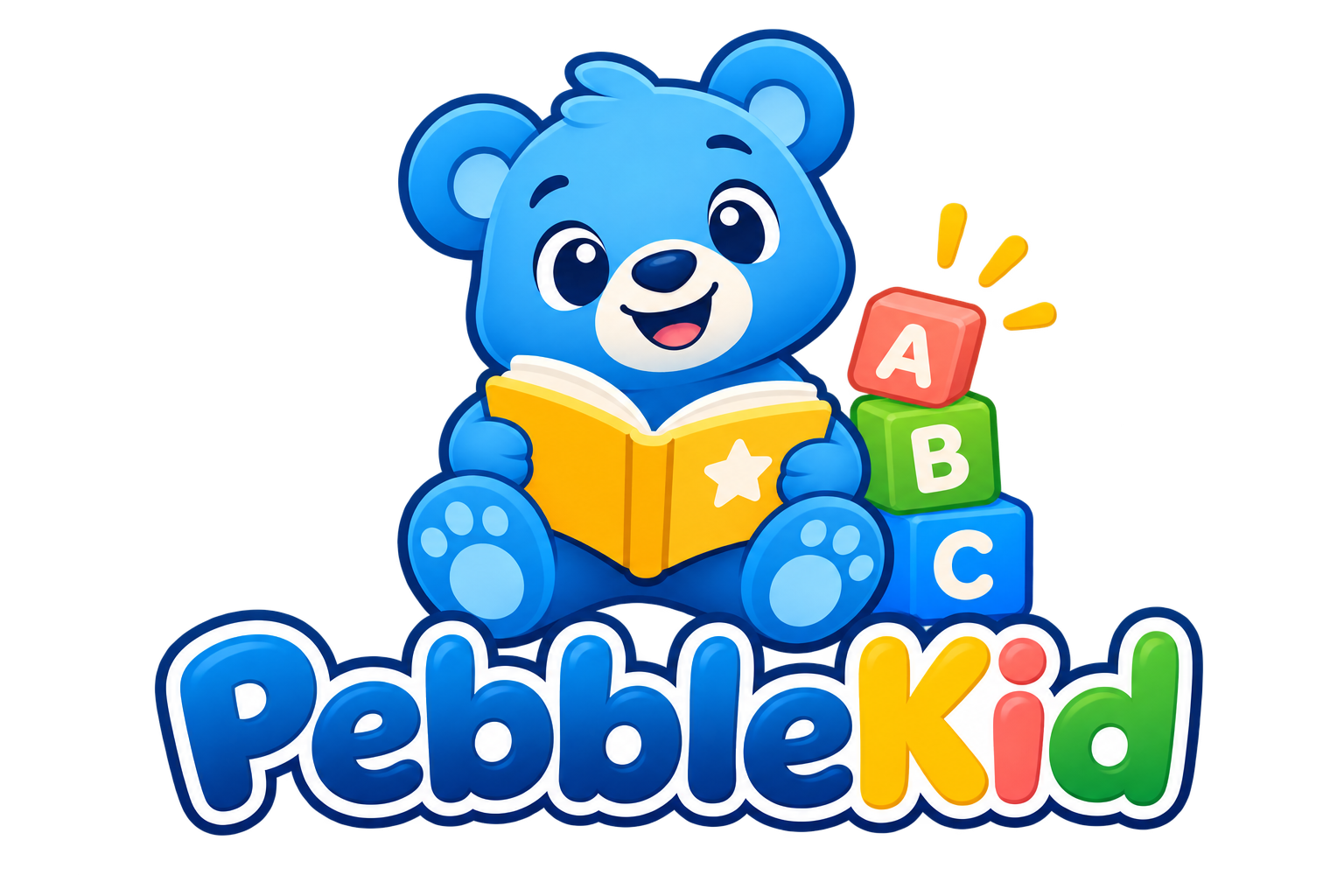 PebbleKid mascot bear reading a book with ABC blocks